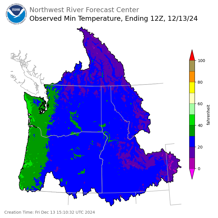 Minimum Temperatures ending Friday, December 13 at 4 am PST