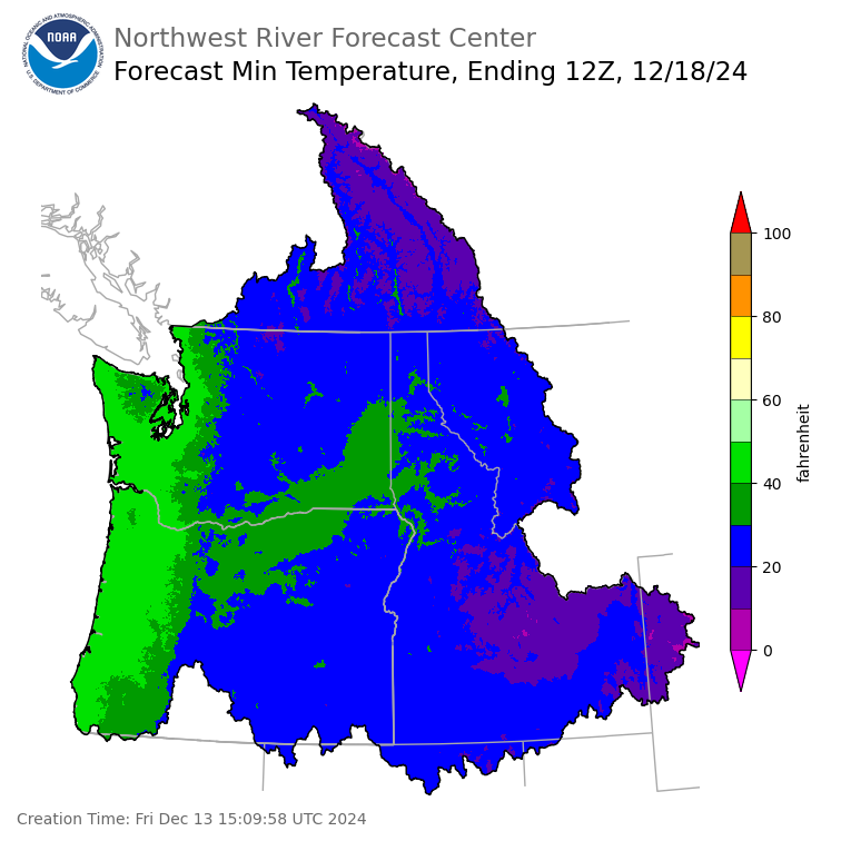 Day 5 (Tuesday): Min Temperature Forecast ending Wednesday, December 18 at 4 am PST