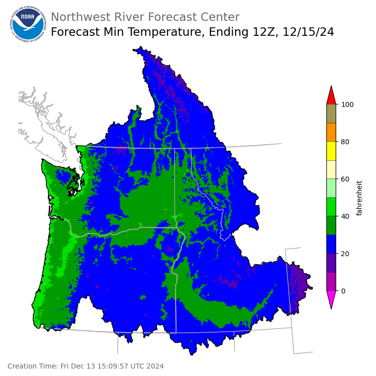 Day 2 (Saturday): Min Temperature Forecast ending Sunday, December 15 at 4 am PST