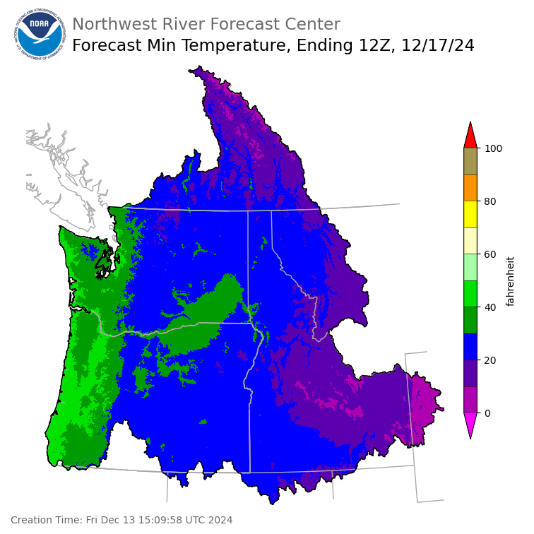 Day 4 (Monday): Min Temperature Forecast ending Tuesday, December 17 at 4 am PST