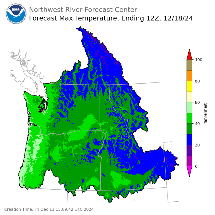 Day 5 (Tuesday): Max Temperature Forecast ending Wednesday, December 18 at 4 am PST