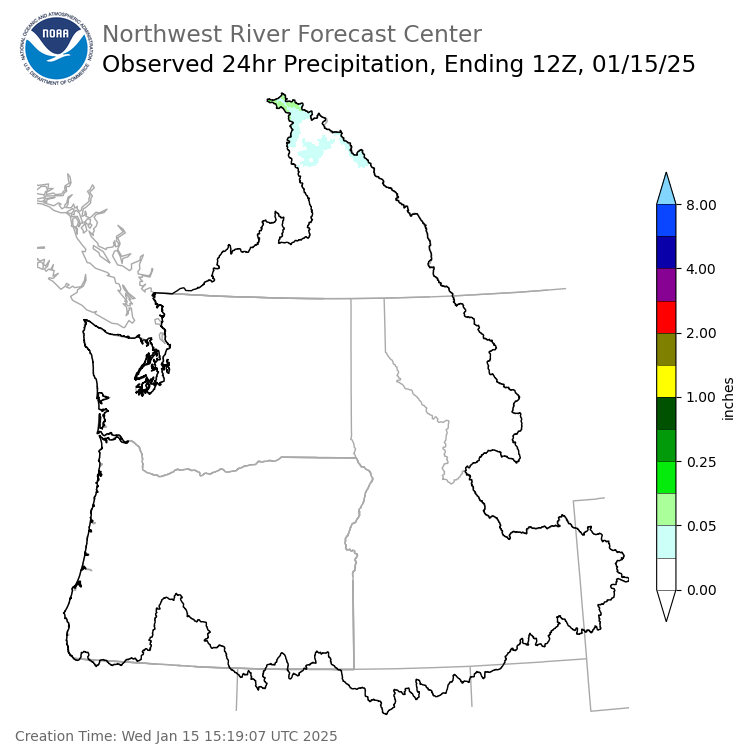 Observed Precipitation ending Wednesday, January 15 at 4 am PST