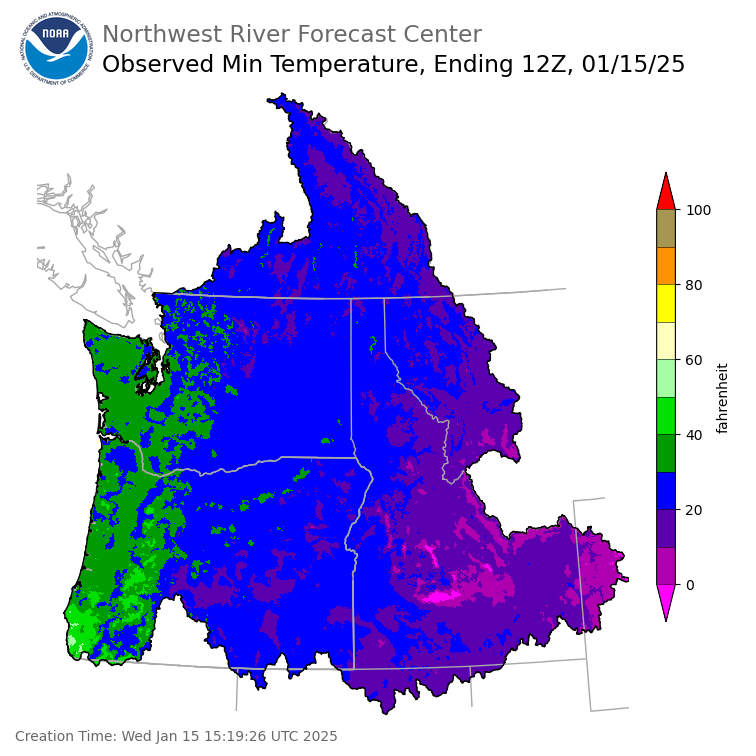 Minimum Temperatures ending Wednesday, January 15 at 4 am PST