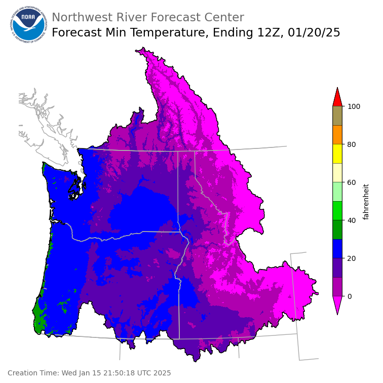Day 5 (Sunday): Min Temperature Forecast ending Monday, January 20 at 4 am PST