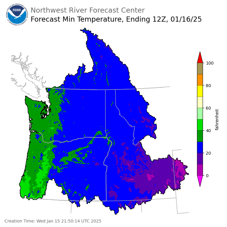Day 1 (Wednesday): Min Temperature Forecast ending Thursday, January 16 at 4 am PST