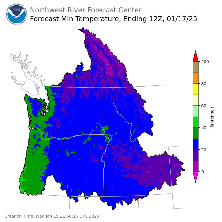 Day 2 (Thursday): Min Temperature Forecast ending Friday, January 17 at 4 am PST