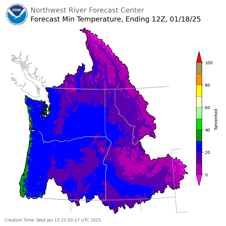 Day 3 (Friday): Min Temperature Forecast ending Saturday, January 18 at 4 am PST