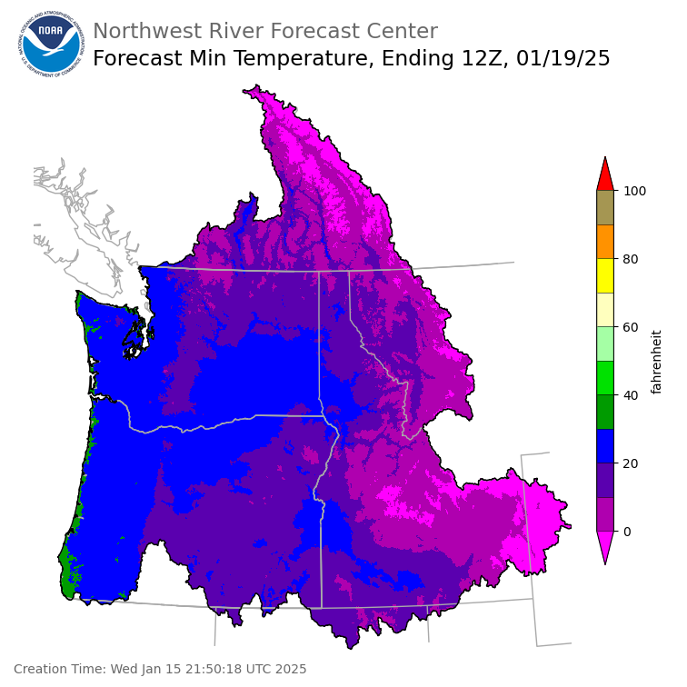 Day 4 (Saturday): Min Temperature Forecast ending Sunday, January 19 at 4 am PST
