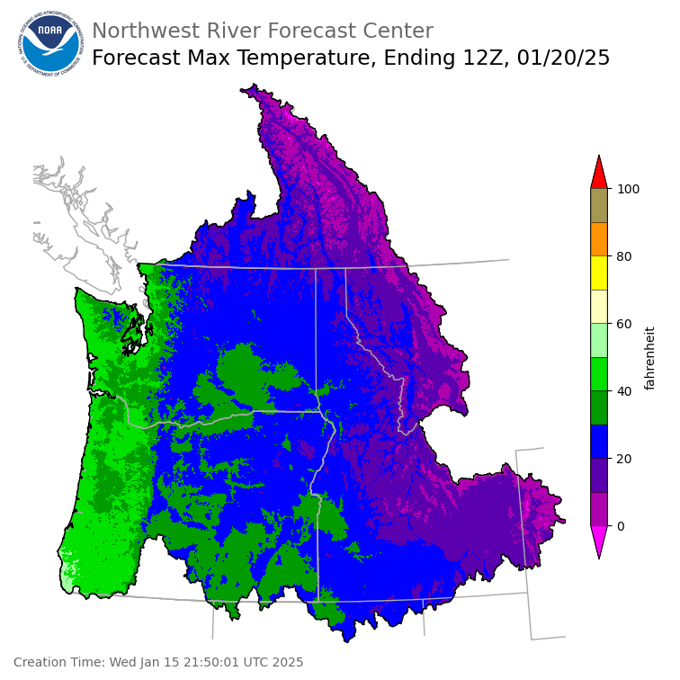 Day 5 (Sunday): Max Temperature Forecast ending Monday, January 20 at 4 am PST