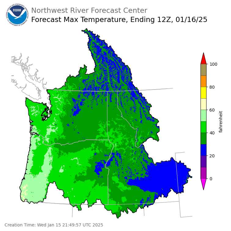 Day 1 (Wednesday): Max Temperature Forecast ending Thursday, January 16 at 4 am PST