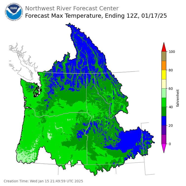 Day 2 (Thursday): Max Temperature Forecast ending Friday, January 17 at 4 am PST