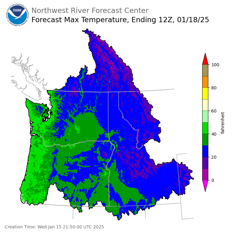 Day 3 (Friday): Max Temperature Forecast ending Saturday, January 18 at 4 am PST