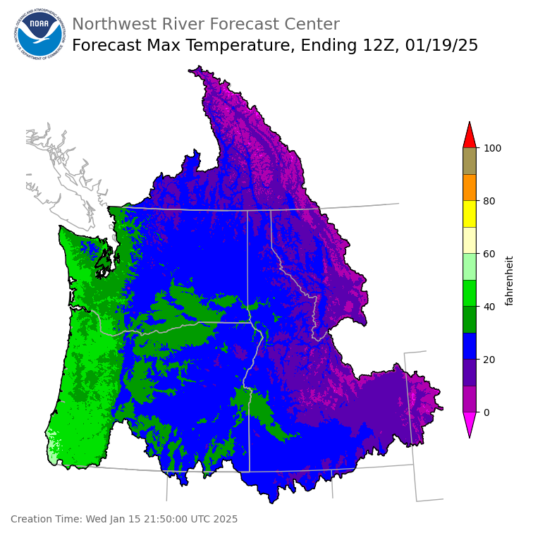 Day 4 (Saturday): Max Temperature Forecast ending Sunday, January 19 at 4 am PST