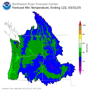 Day 5 (Sunday): Min Temperature Forecast ending Monday, March 31 at 5 am PDT