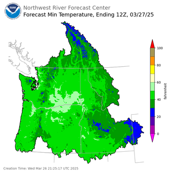 Day 1 (Wednesday): Min Temperature Forecast ending Thursday, March 27 at 5 am PDT