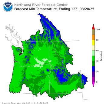 Day 2 (Thursday): Min Temperature Forecast ending Friday, March 28 at 5 am PDT