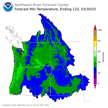Day 4 (Saturday): Min Temperature Forecast ending Sunday, March 30 at 5 am PDT
