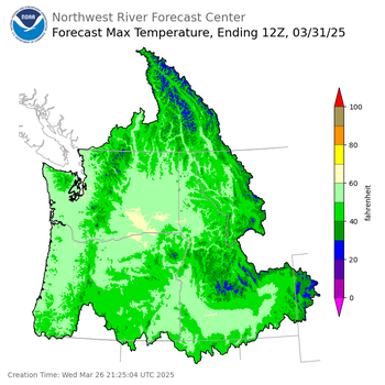 Day 5 (Sunday): Max Temperature Forecast ending Monday, March 31 at 5 am PDT