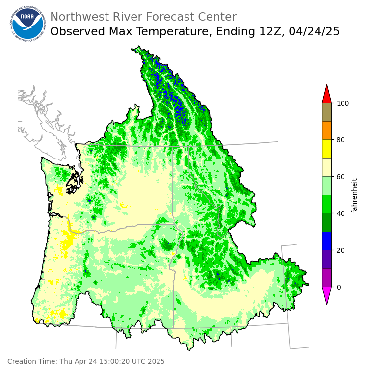 Maximum Temperatures ending Wednesday, April 23 at 9 pm PDT