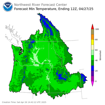 Day 1 (Saturday): Min Temperature Forecast ending Sunday, April 27 at 5 am PDT