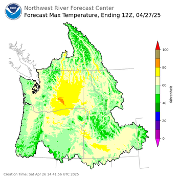 Day 1 (Saturday): Max Temperature Forecast ending Sunday, April 27 at 5 am PDT