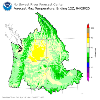 Day 2 (Sunday): Max Temperature Forecast ending Monday, April 28 at 5 am PDT