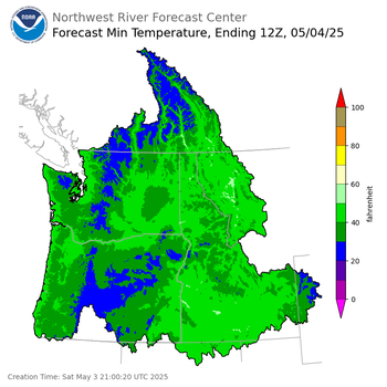 Day 1 (Saturday): Min Temperature Forecast ending Sunday, May 4 at 5 am PDT