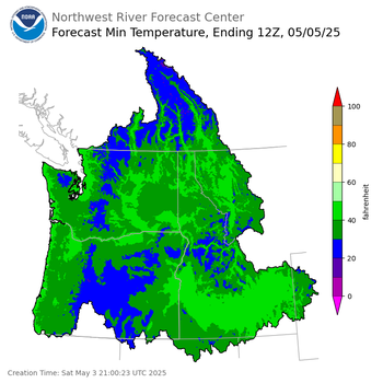 Day 2 (Sunday): Min Temperature Forecast ending Monday, May 5 at 5 am PDT