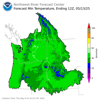 Day 5 (Monday): Min Temperature Forecast ending Tuesday, May 13 at 5 am PDT