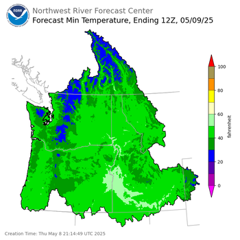 Day 1 (Thursday): Min Temperature Forecast ending Friday, May 9 at 5 am PDT