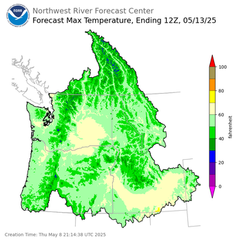 Day 5 (Monday): Max Temperature Forecast ending Tuesday, May 13 at 5 am PDT