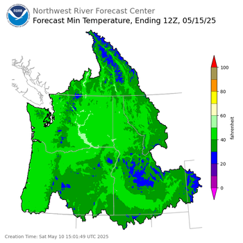 Day 5 (Wednesday): Min Temperature Forecast ending Thursday, May 15 at 5 am PDT