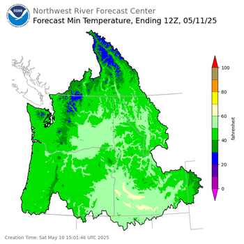 Day 1 (Saturday): Min Temperature Forecast ending Sunday, May 11 at 5 am PDT