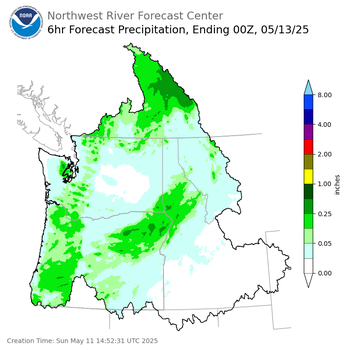 Day 2 (Monday): 6 Hourly Precipitation Forecast  ending Monday, May 12 at 5 pm PDT