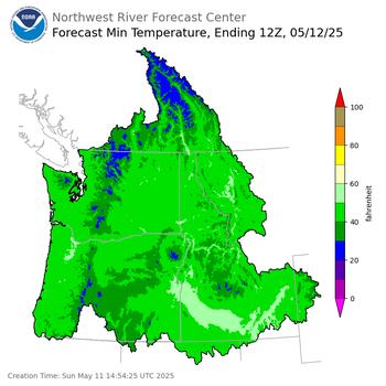 Day 1 (Sunday): Min Temperature Forecast ending Monday, May 12 at 5 am PDT