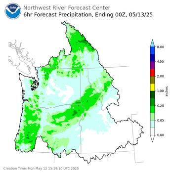 Day 1 (Monday): 6 Hourly Precipitation Forecast ending Monday, May 12 at 5 pm PDT
