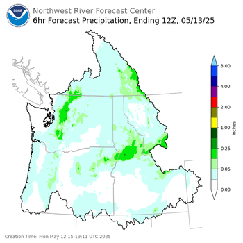 Day 1 (Monday): 6 Hourly Precipitation Forecast ending Tuesday, May 13 at 5 am PDT