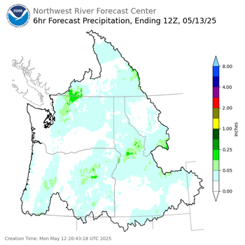 Day 1 (Monday): 6 Hourly Precipitation Forecast ending Tuesday, May 13 at 5 am PDT