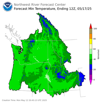 Day 5 (Friday): Min Temperature Forecast ending Saturday, May 17 at 5 am PDT