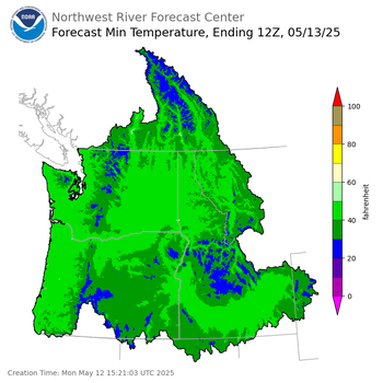 Day 1 (Monday): Min Temperature Forecast ending Tuesday, May 13 at 5 am PDT