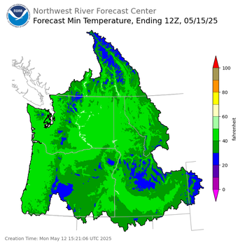 Day 3 (Wednesday): Min Temperature Forecast ending Thursday, May 15 at 5 am PDT