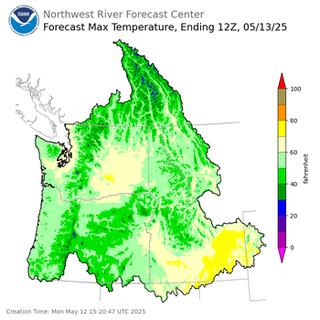 Day 1 (Monday): Max Temperature Forecast ending Tuesday, May 13 at 5 am PDT