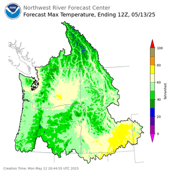 Day 1 (Monday): Max Temperature Forecast ending Tuesday, May 13 at 5 am PDT