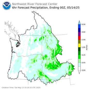 Day 1 (Tuesday): 6 Hourly Precipitation Forecast ending Tuesday, May 13 at 5 pm PDT