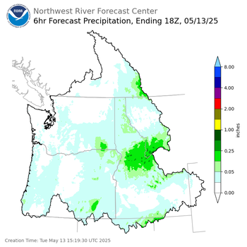 Day 1 (Tuesday): 6 Hourly Precipitation Forecast ending Tuesday, May 13 at 11 am PDT
