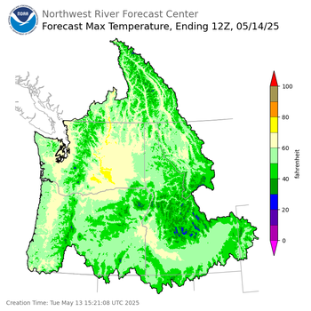 Day 1 (Tuesday): Max Temperature Forecast ending Wednesday, May 14 at 5 am PDT