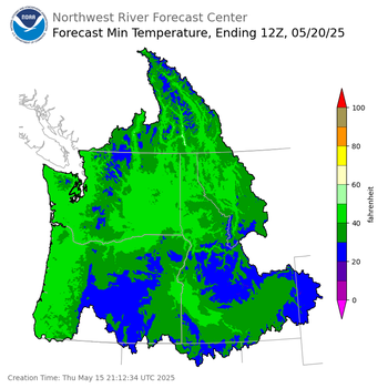 Day 5 (Monday): Min Temperature Forecast ending Tuesday, May 20 at 5 am PDT