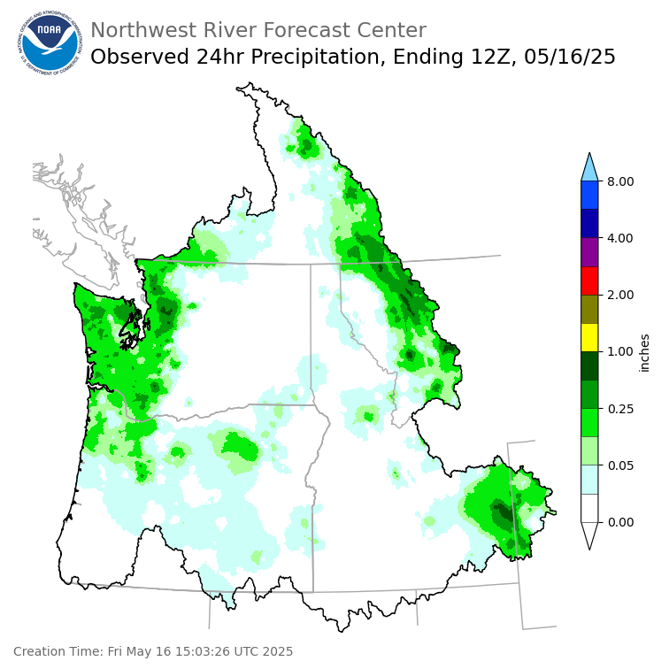 Observed Precipitation ending Friday, May 16 at 5 am PDT