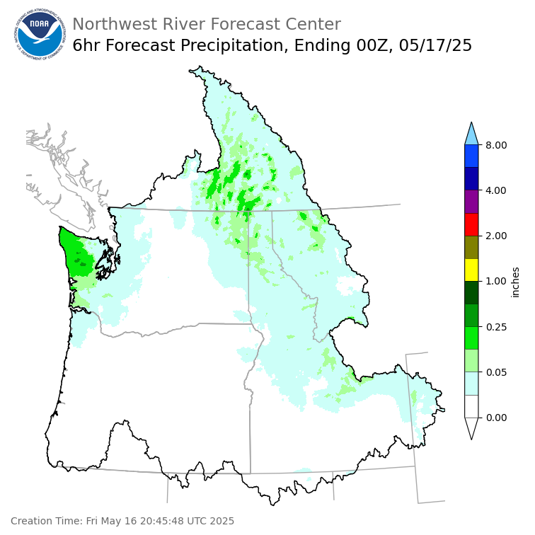 Day 1 (Friday): 6 Hourly Precipitation Forecast ending Friday, May 16 at 5 pm PDT