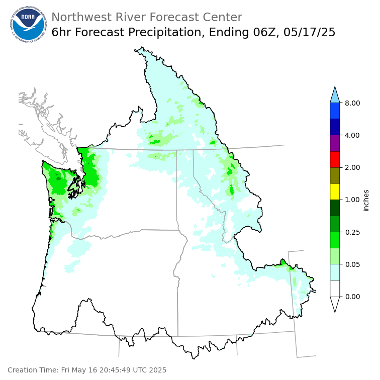 Day 1 (Friday): 6 Hourly Precipitation Forecast ending Friday, May 16 at 11 pm PDT